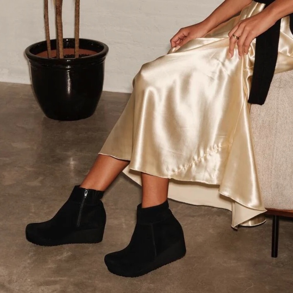 NWT Papillio by Birkenstock Black Suede Leather Wedge Ebba Ankle Boots Size 37